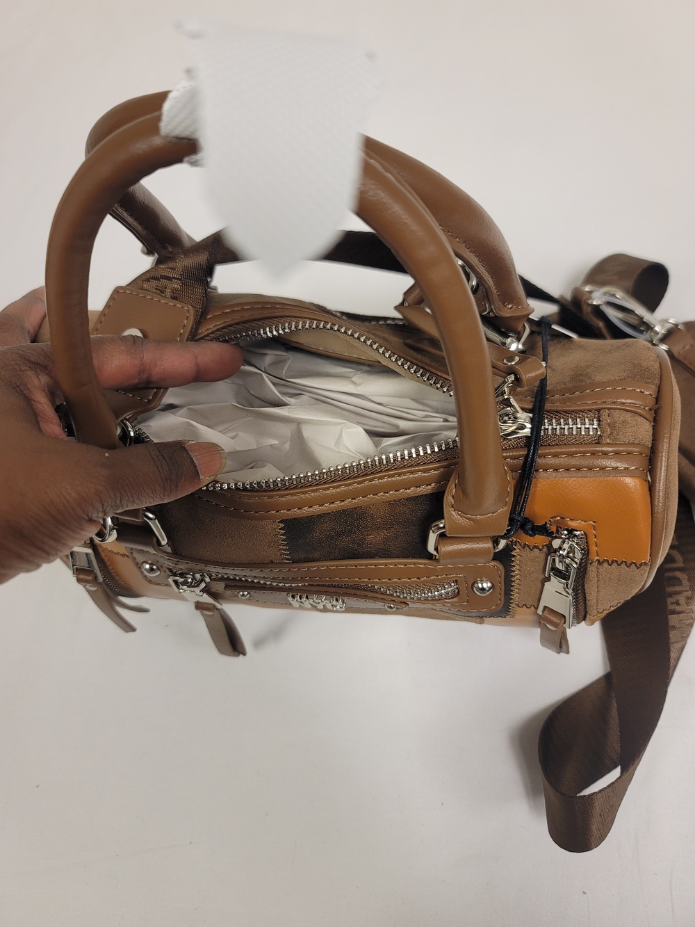 Madden Nyc Brown Patchwork Crossbody Satchel - Picture 5 of 5